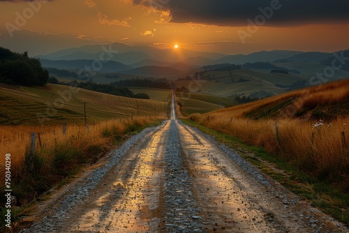 A road with a sunset in the background