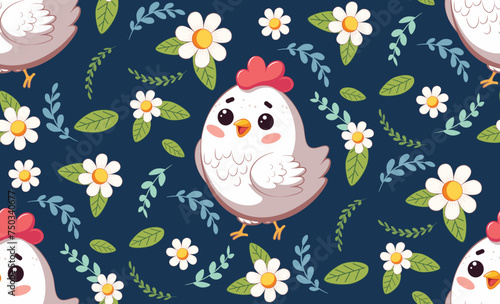 Cartoon chicken with flowers pattern