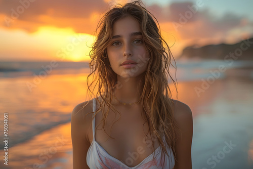 Close-Up portrait of a young beautiful woman standing at the coast during sunset