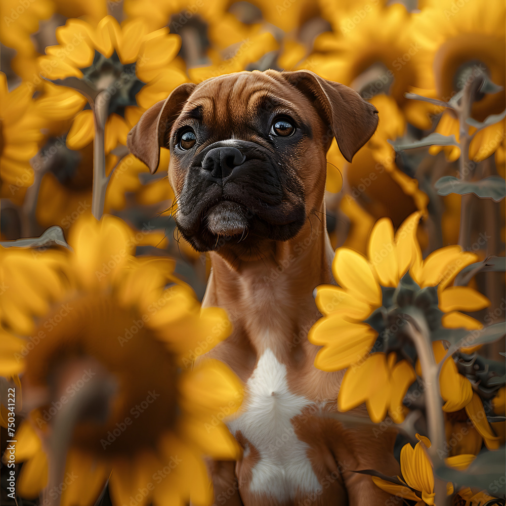 a little cute Boxer puppy in a field of yellow sunflowers