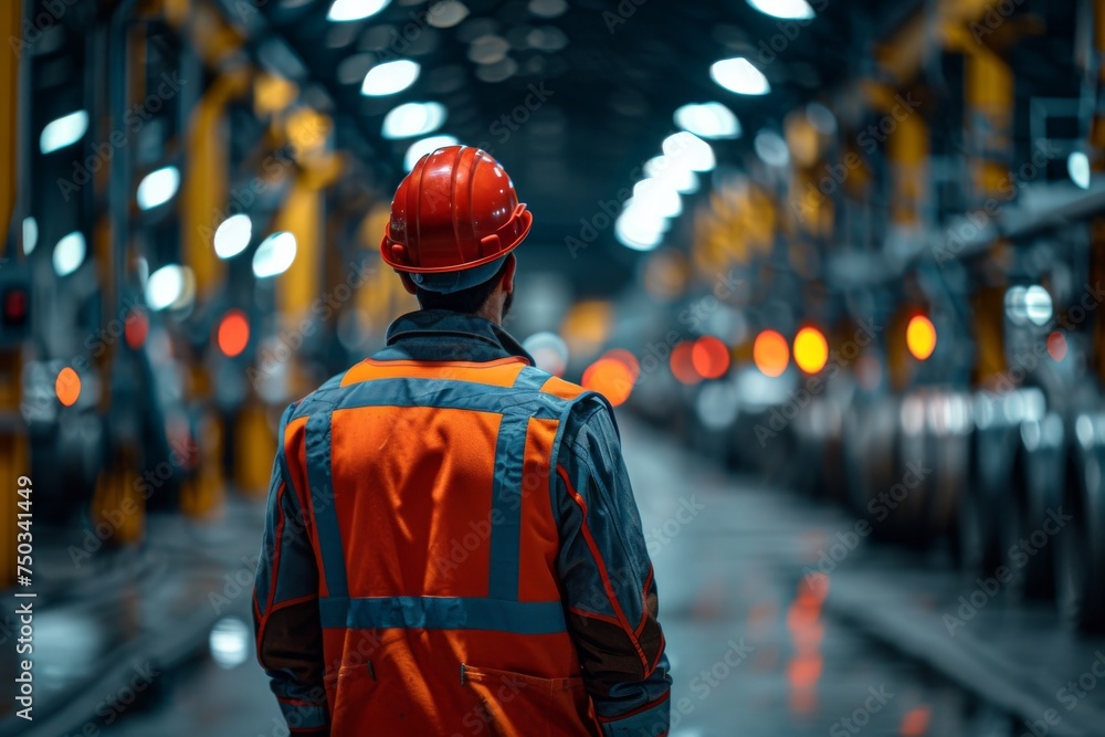 A man in a red hard hat and orange vest stands in a large industrial building A man in a red hard hat and orange vest stands in a large industrial building