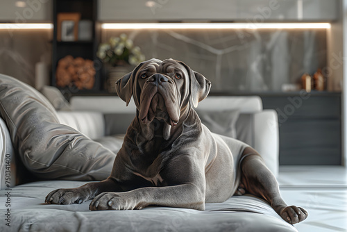 A spoiled Neapolitan Mastiff indoors at very modern apartment © xavmir2020
