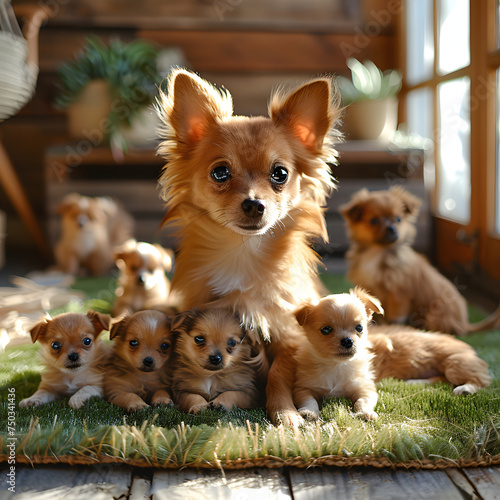 a Chihuahua dog plays around with puppies on the floor of an new house