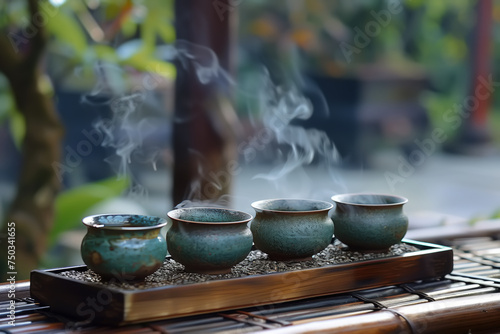 A set of four tea cups neatly arranged on a bamboo tray. The cups have a traditional design for the tea ceremony