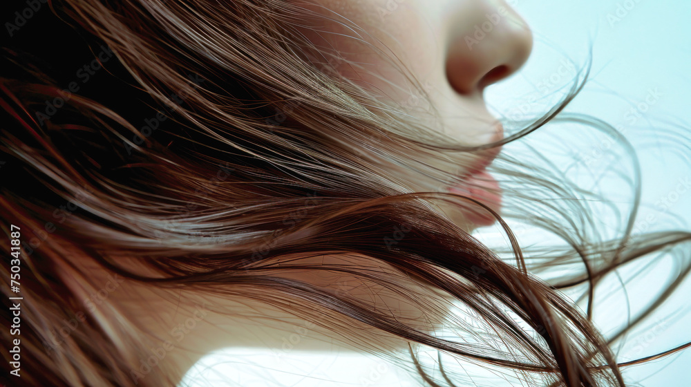 Close-up of a womans face as her hair flows freely in the wind, showcasing hair care and style Close-up of a womans face as her hair flows freely in the wind, showcasing hair care and style