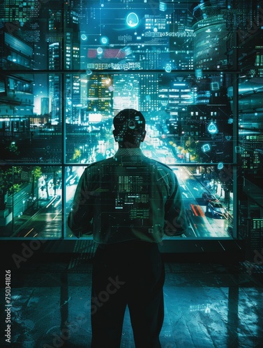 A man is looking out of a window at a cityscape