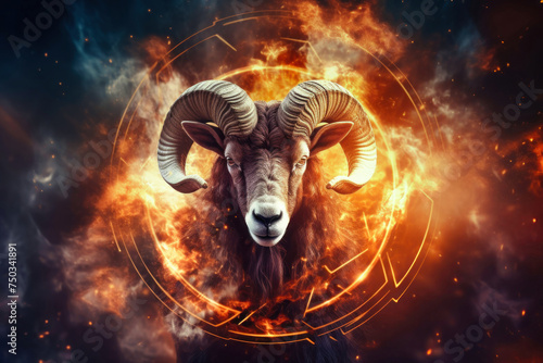 A ram with impressive horns stands boldly within a fiery circle, showcasing the strength and power associated with the zodiac sign Aries © Anoo