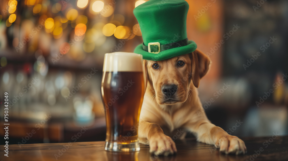 Dog in Saint Patrick's Day leprechaun party hat with beer. Dog in irish pub. Saint Patrick's day theme	
