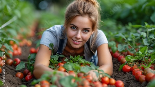  a woman laying in the middle of a field with lots of tomatoes on her hands and a smile on her face as she lays down on the ground with her hands.