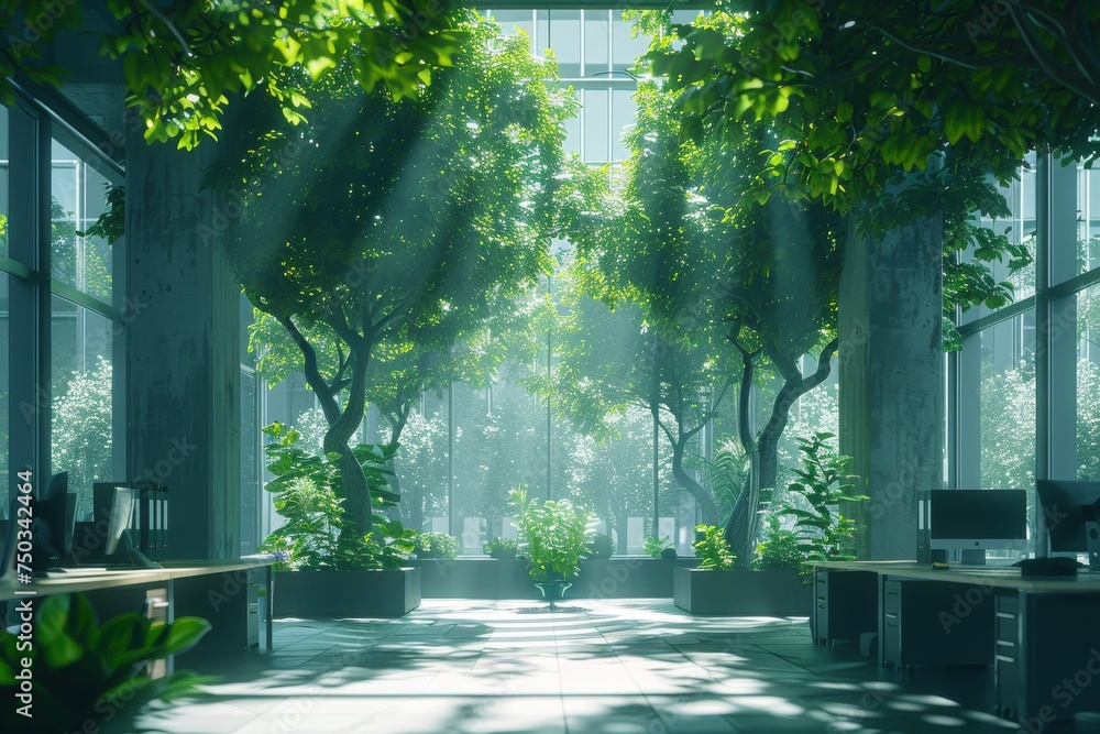 A large room with a lot of greenery and sunlight A large room with a lot of greenery and sunlight