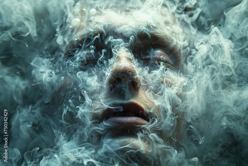 A man's face is covered in smoke, giving the impression of a ghostly figure