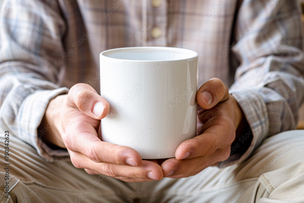 Mug Mock-Up, Close-up of man holding white coffee mug, Mockup white ceramic mug