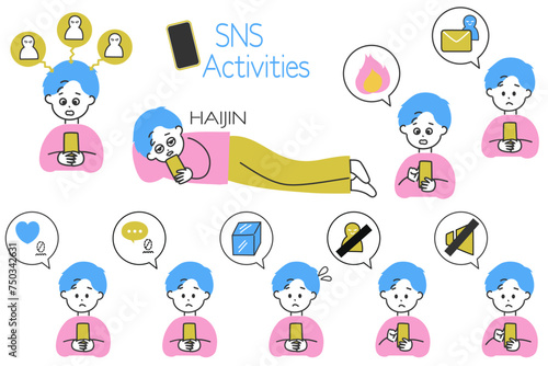 SNS運用の図解制作に便利！SNSで悩む男性と吹き出しアイコンのセット