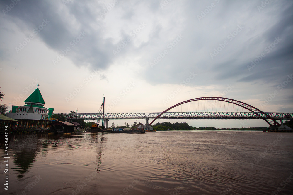 Naklejka premium Kahayan Bridge, icon and landmark of Palangka Raya city, the biggest bridge over Kahayan River.