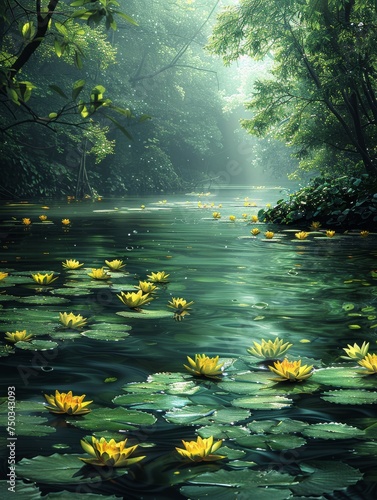 A serene and peaceful scene of a river with a large number of yellow lilies floa photo