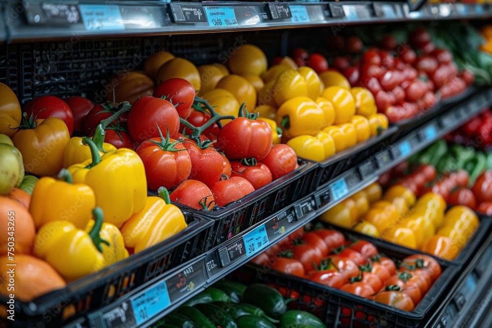 A colorful display of vegetables and fruits in a grocery store