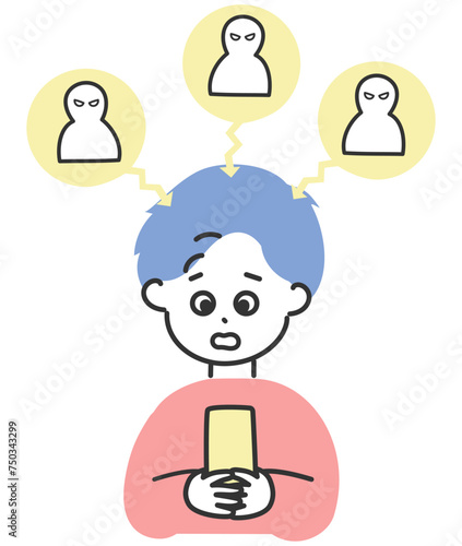 SNSでアンチから誹謗中傷を受けて困っている男性のイラスト