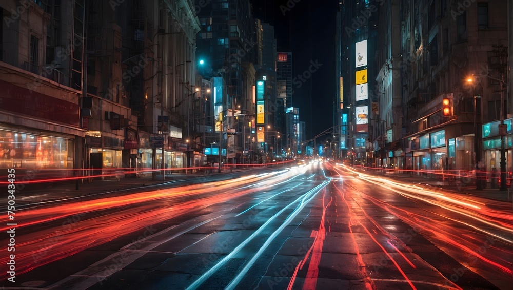 A dynamic abstract image that captures the essence of urban movement at night, highlighting the flow of traffic lights on a city road through long exposure photography Generative AI