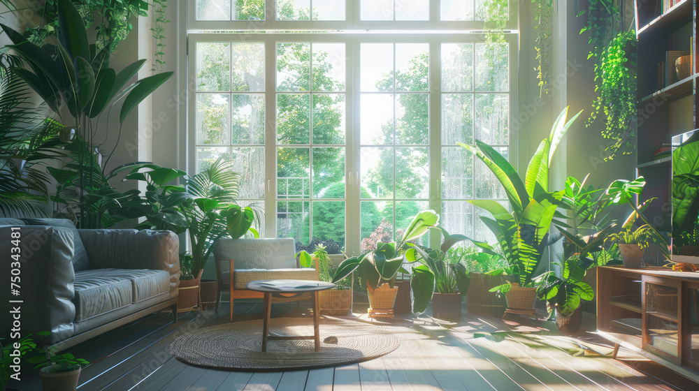 modern light apartment with big windows, many plants