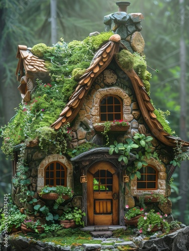 A small house with a green roof and a garden on top