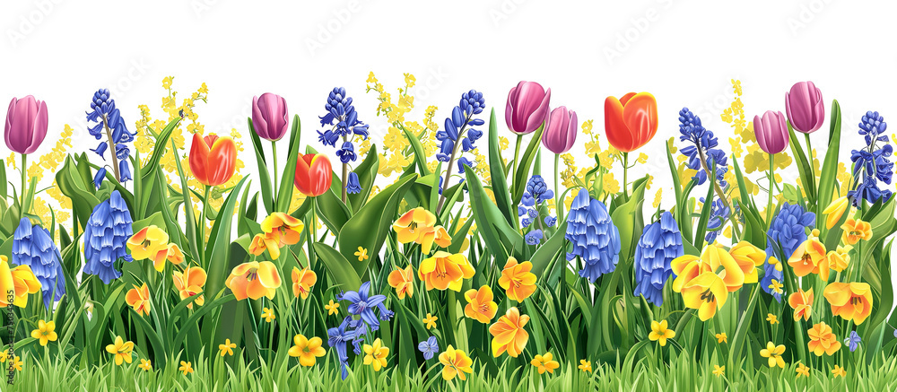Spring garden with grass and flowers on white background. Banner with copy space