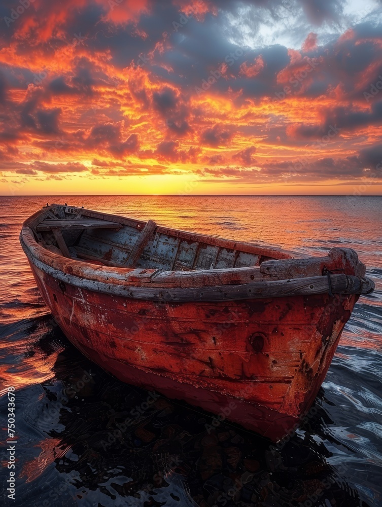 A boat is floating in the ocean with a beautiful sunset in the background A boat is floating in the ocean with a beautiful sunset in the background