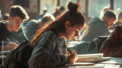 Girl student prepare for exams. Teen write something, read books. photo