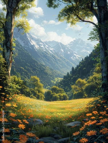 A beautiful mountain landscape with a field of flowers and trees