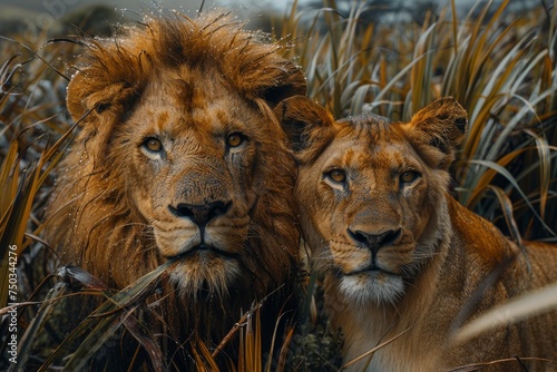 Two lions standing next to each other in a grassy field