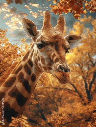 A giraffe is looking at the camera with its mouth open