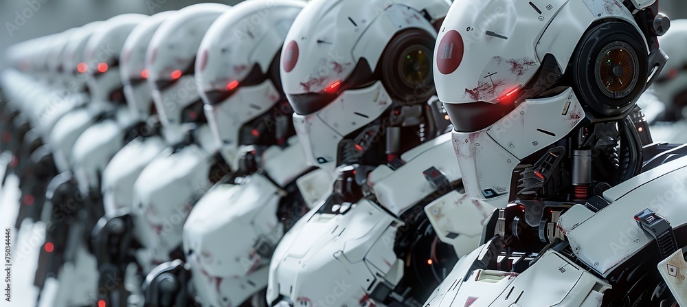 Fototapeta premium Intelligence robot army soldier machine. Apocalypse future war concept. Generative AI technology.