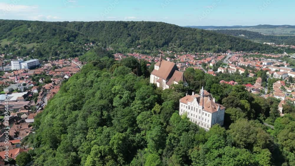 Sighisoara Church on the hill in Transylvania, Romania - Aerial 4k Sighisoara Church on the hill in Transylvania, Romania - Aerial 4k