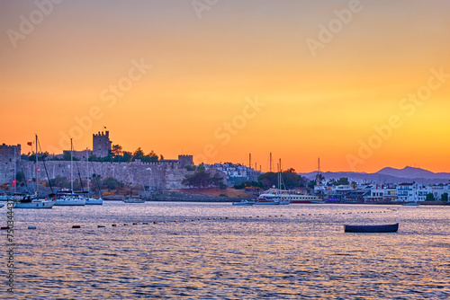 Bodrum, Turkey. The castle of St. Peter, Marina and the City Beach with cafes and restaurants on the embankment