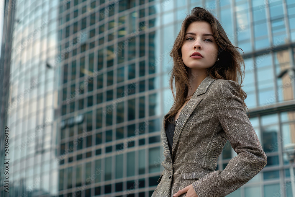 Portrait of a businesswoman in an elegant suit posing with hand in pocket against skyscraper background