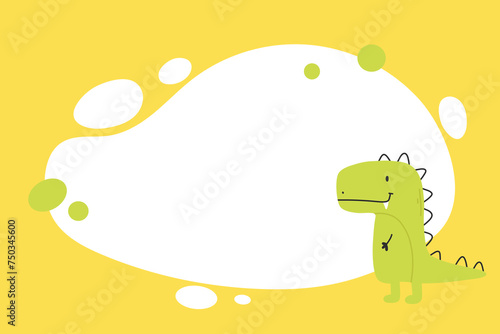 Dino photo frame, templates for text or invitations. Vector illustration of a funny cartoon dinosaur character. Scandinavian style doodle, hand drawn
