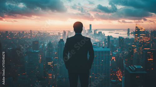 Silhouette of a business executive leader standing tall and looking out over a urban city cityscape skyscapers in sunset, embodying Business leadership and vision concept. © Studio910