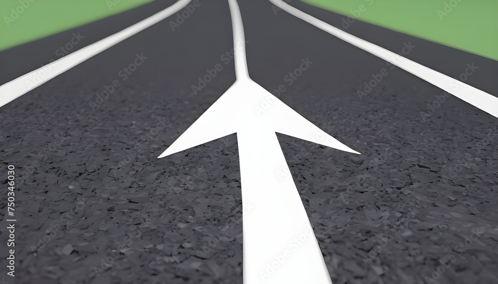 An asphalt road stretches into the distance with a painted white arrow pointing forward, symbolizing motivation, progress, and the concept of continuous growth and forward movement.