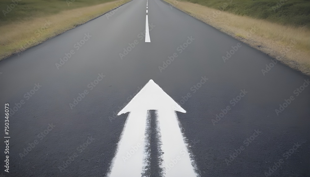An asphalt road stretches into the distance with a painted white arrow ...