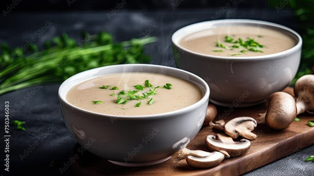 Zooming in on a Bowl of Cream of Mushroom Soup Zooming in on a Bowl of Cream of Mushroom Soup