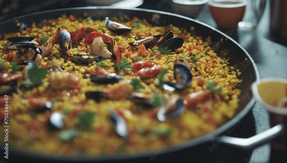 view of aesthetic Paella with some topping image background view of aesthetic Paella with some topping image background