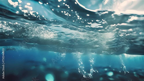 Crisp underwater bubbles rising in a serene blue environment photo