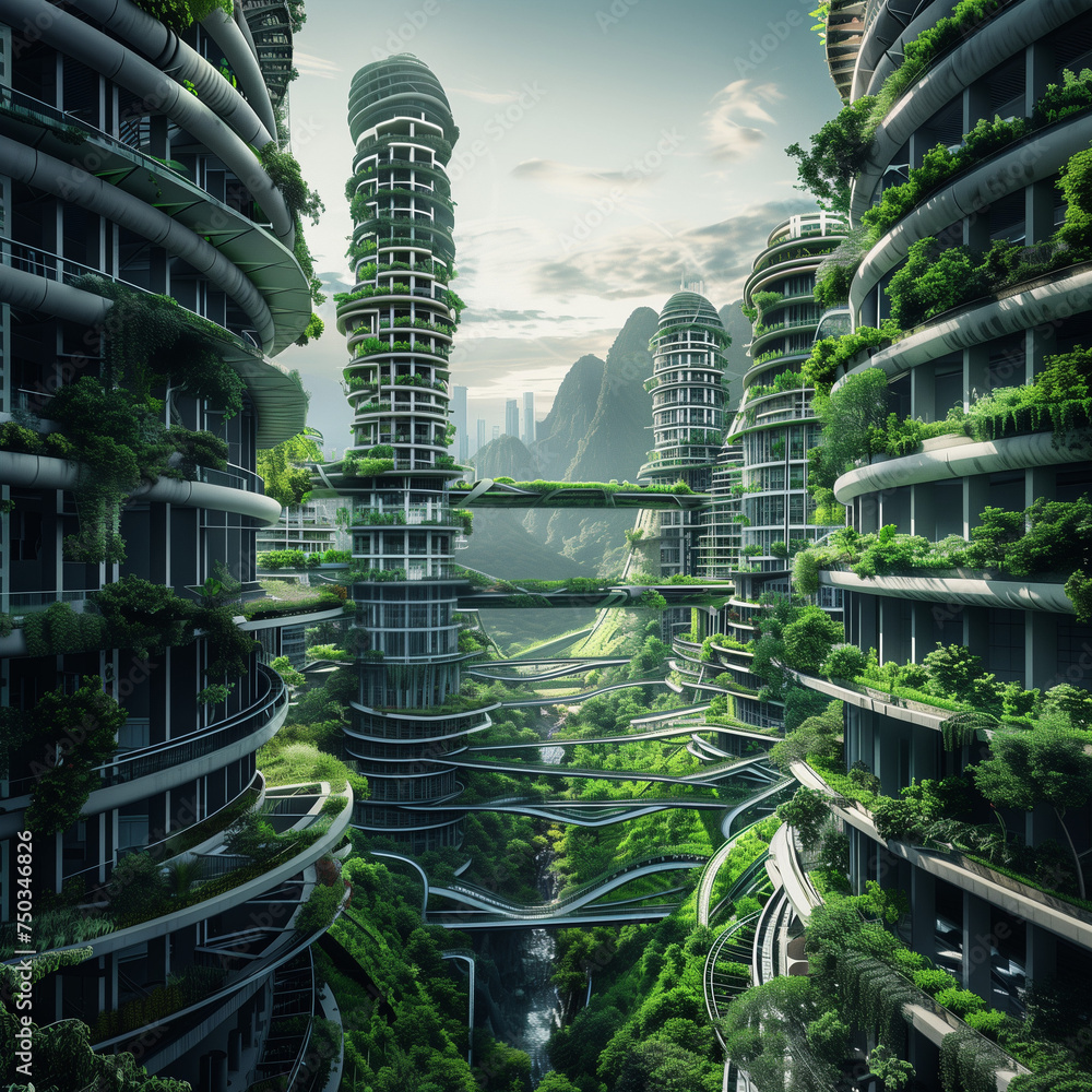 Renderings of modern agriculture and vertical greening, effective green technologies to combat climate change