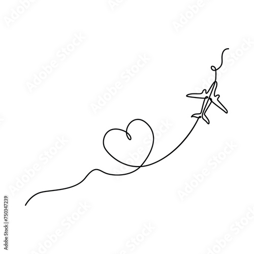 Continuous Heart dashed line trace and plane routes vector illustration