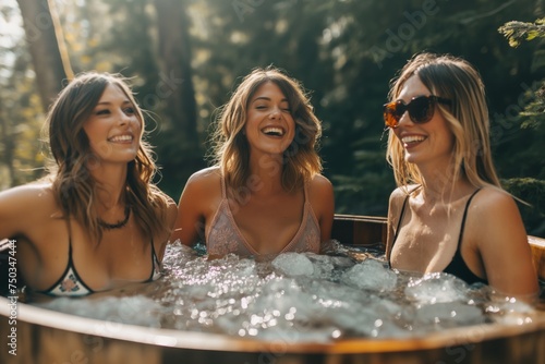 young woman is sitting with friends in swimsuit in wooden cold water tub with ice, there is a summer sunny forest behind. Cold water therapy benefits for health concept. photo