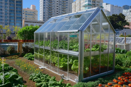 small urban garden featuring a vertical greenhouse, surrounded by buildings and cityscape, demonstrating the potential for growing fresh produce in limited spaces. concept eco system.