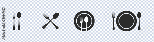 Cutlery silhouettes. Fork, knife, spoon, and plate icon set, Logotype tableware. Vector illustration EPS 10