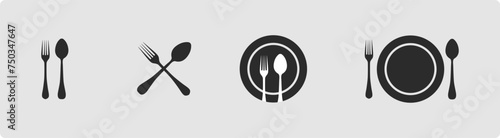 Cutlery silhouettes. Fork, knife, spoon, and plate icon set,  Logotype tableware. Vector illustration EPS 10