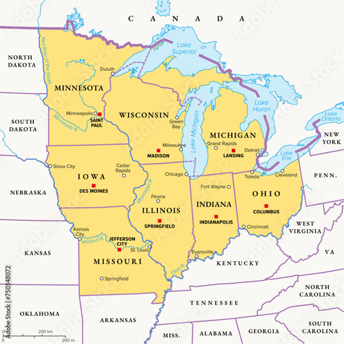 Midwest Region of the United States, political map. Midwestern United States or American Midwest, a geographic region, south of the Great Lakes, bordered by Mid-Atlantic, the South and Great Plains. photo