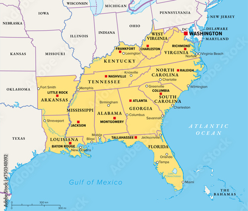 Southeast Region, the South of the United States, political map. Geographic and cultural region, also referred to as the Southern United States, American South, Southland, Dixieland, or simply Dixie.