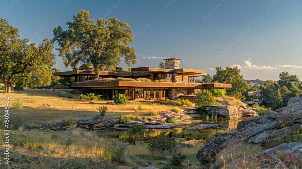 Fototapeta premium This beautiful house is anchored by a hidden foundation. It appears to float effortlessly above the surrounding landscape.